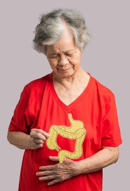 Elderly woman holding a pictire of a bowel