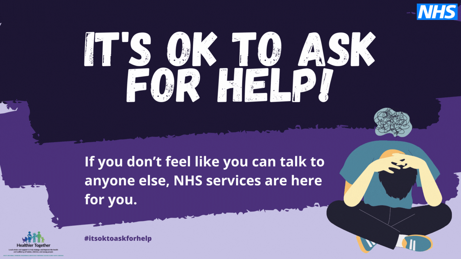 it's ok to ask for help, black and purple image with a cartoon boy with his head in his hands