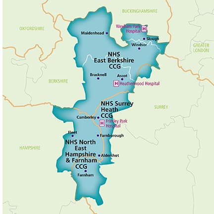 A graphic of a map of the Frimley Health and Care area, with major towns and hospitals marked.
