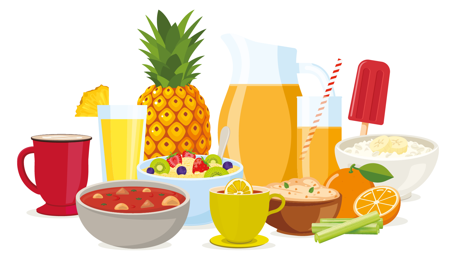 Graphic of healthy food and drink options, including a pineapple, oranges, jugs and glasses of juice, a bowl of soup, some celery and more.